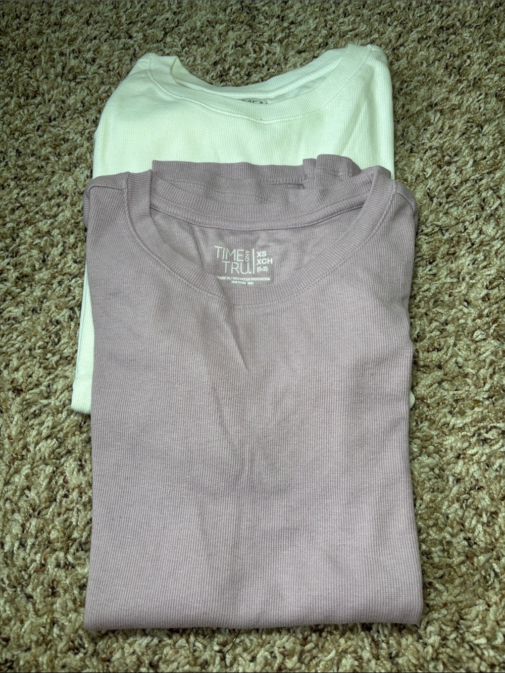 Pair of Time and Tru Ribbed Short Sleeve Tees-White & Lavender. XS-NWT